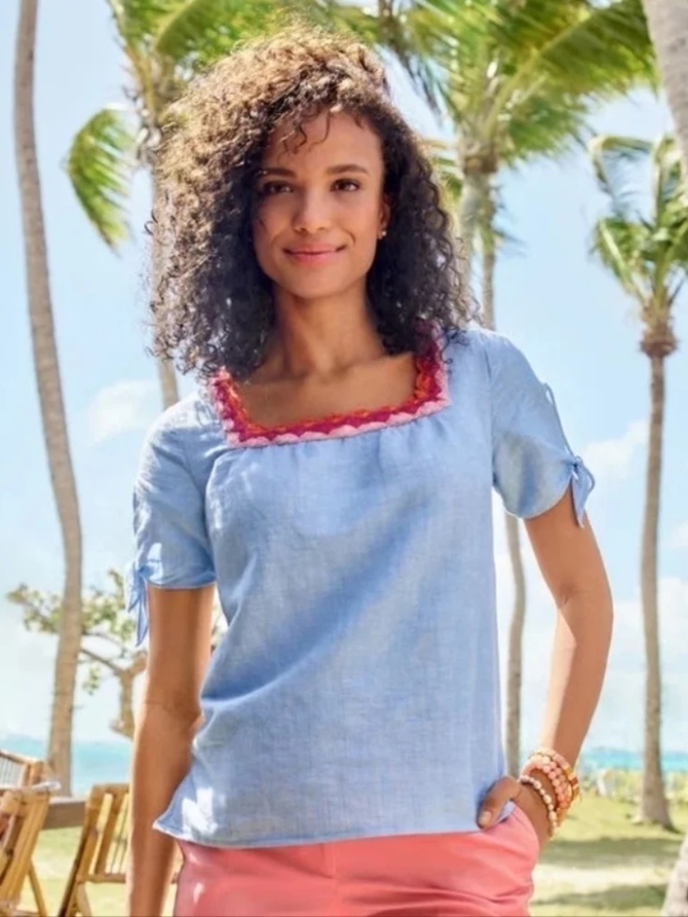 Talbots Crochet-Trim Linen Top | Small | Pink & Orange Details